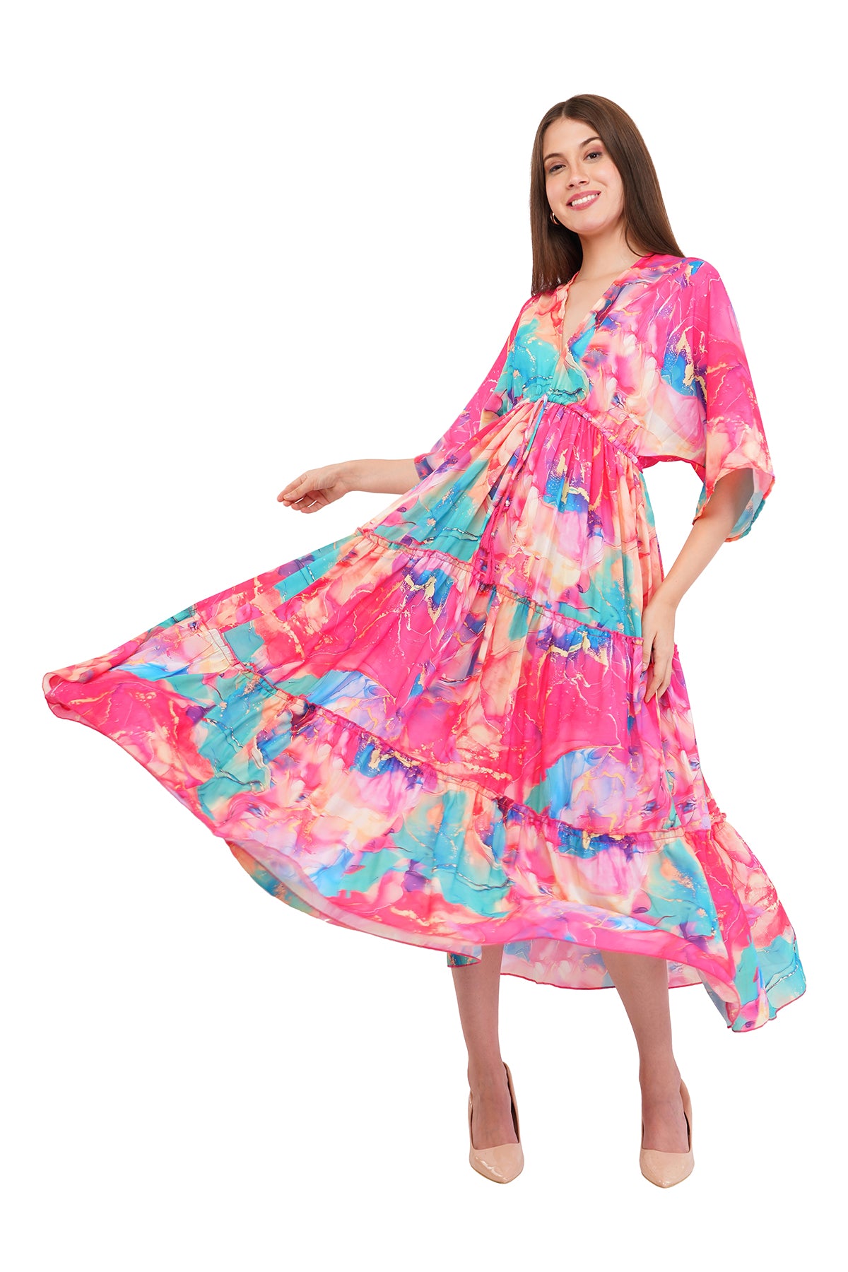 Pink Marble Flared Long Tier Dress with Strings