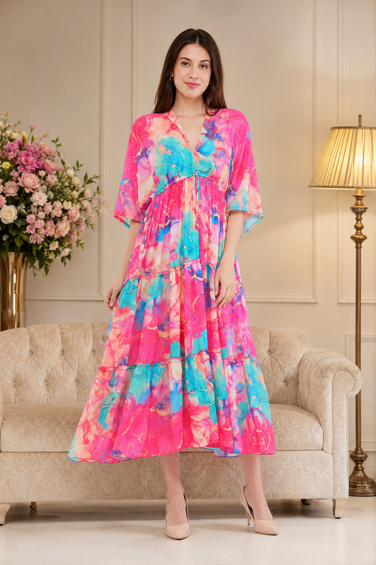 Pink Marble Flared Long Tier Dress with Strings