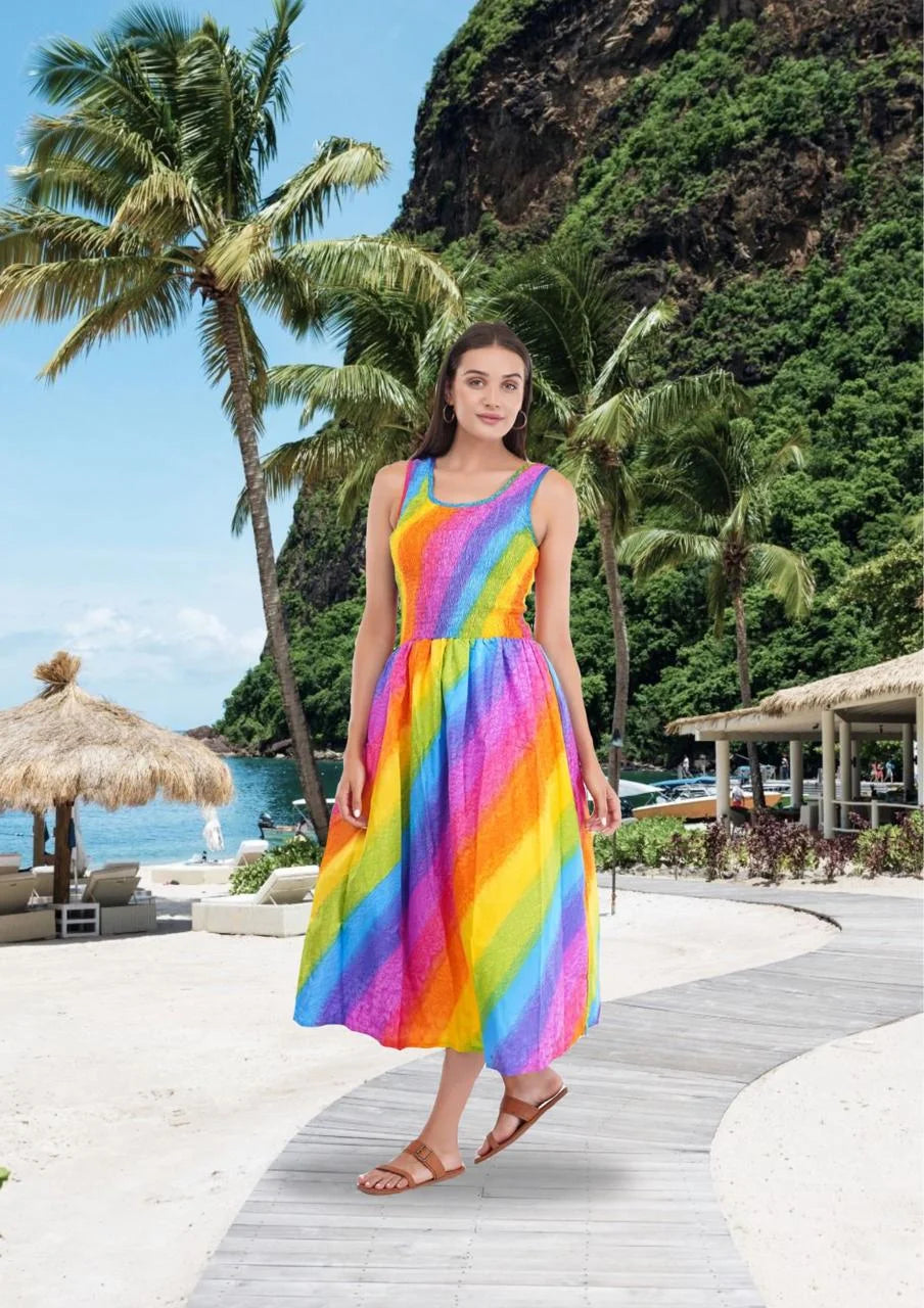 Rainbow Long Smock Dress with Belt      