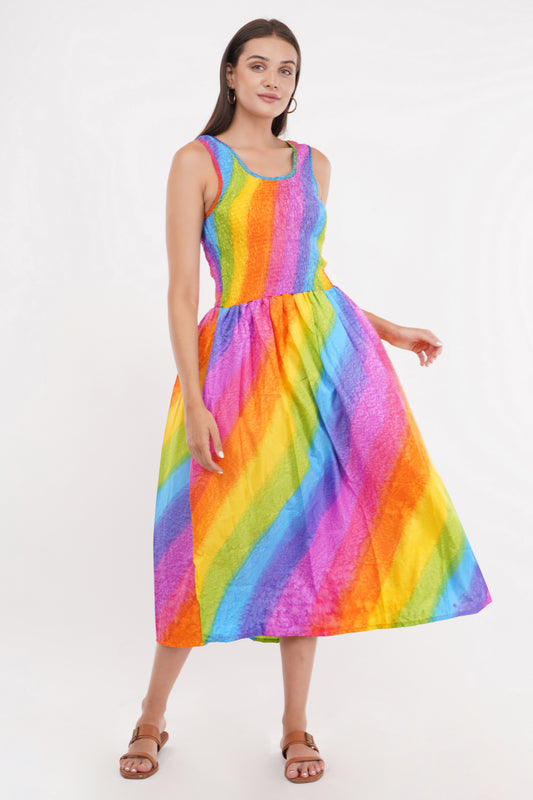 Rainbow Long Smock Dress with Belt