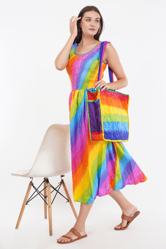Rainbow Long Smock Dress with Belt