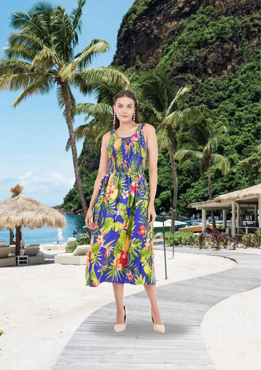 Tropical Blue Long Smock Dress with Belt 