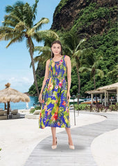 Tropical Blue Long Smock Dress with Belt 