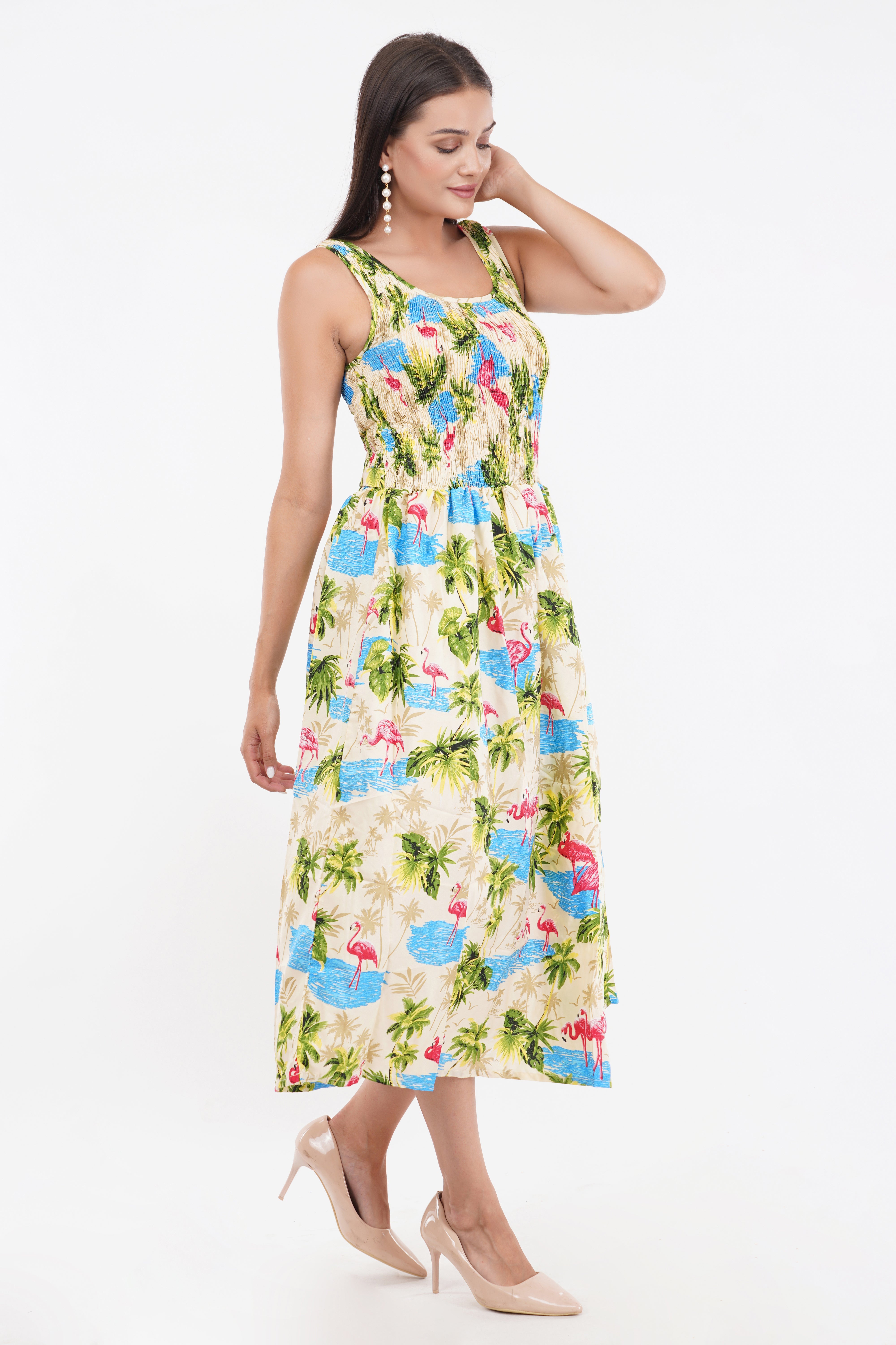 Tropical Flamingo Long Smocked Dress with Belt