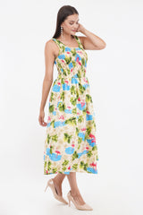 Tropical Flamingo Long Smocked Dress with Belt