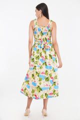 Tropical Flamingo Long Smocked Dress with Belt