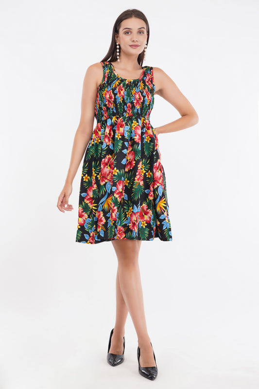 Tropical Flowers Short Smocked Dress