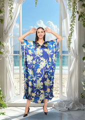Blue Floral Long Kaftan with strings on the inside