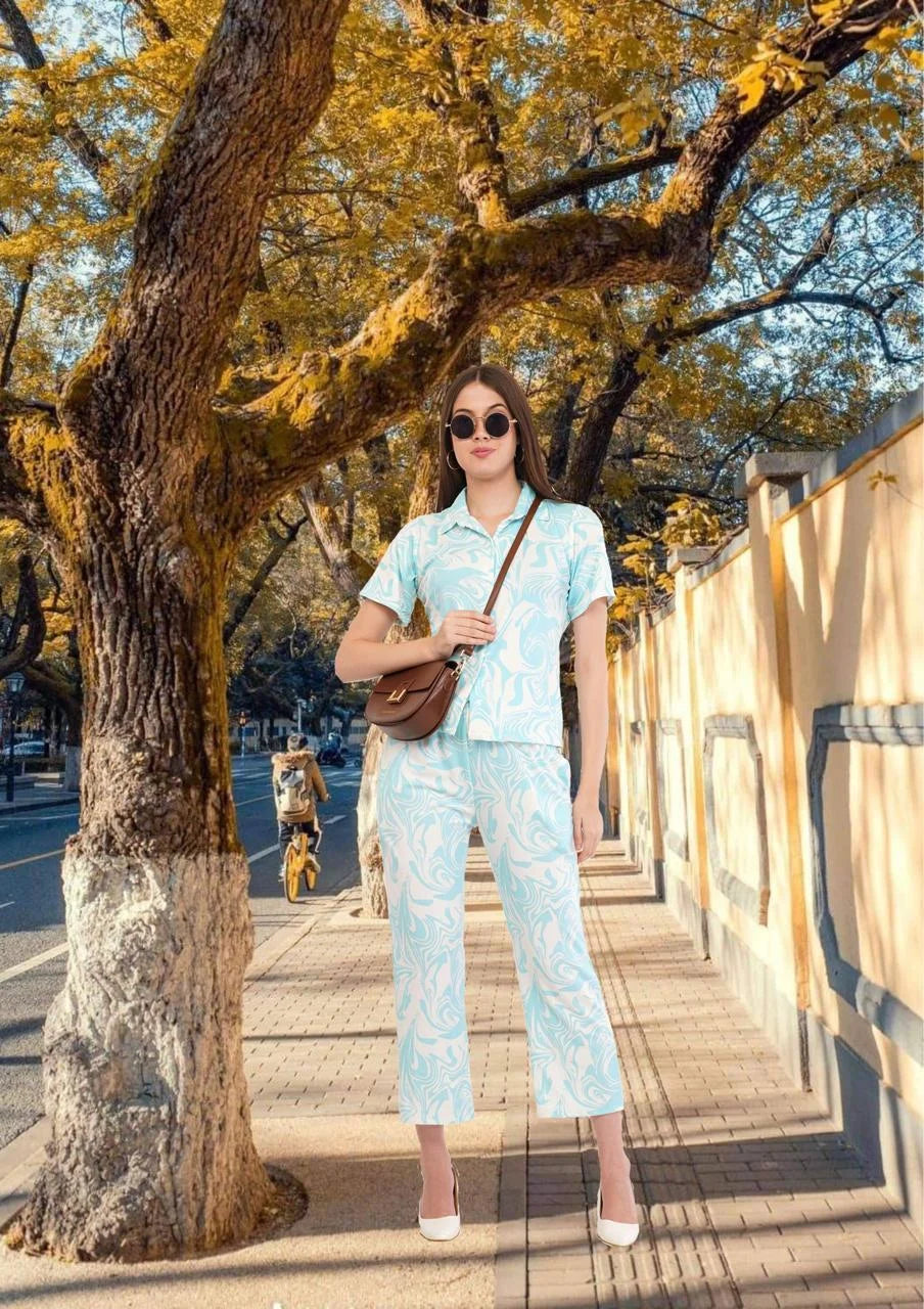 White Turquoise Blue Shirt & Pant Co-Ord  Set                                             