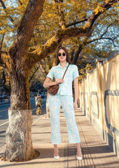 White Turquoise Blue Shirt & Pant Co-Ord  Set                                             