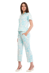 White Turquoise Blue Shirt & Pant Co-Ord  Set                                             