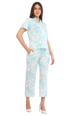 White Turquoise Blue Shirt & Pant Co-Ord  Set                                             