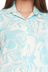 White Turquoise Blue Shirt & Pant Co-Ord  Set                                             