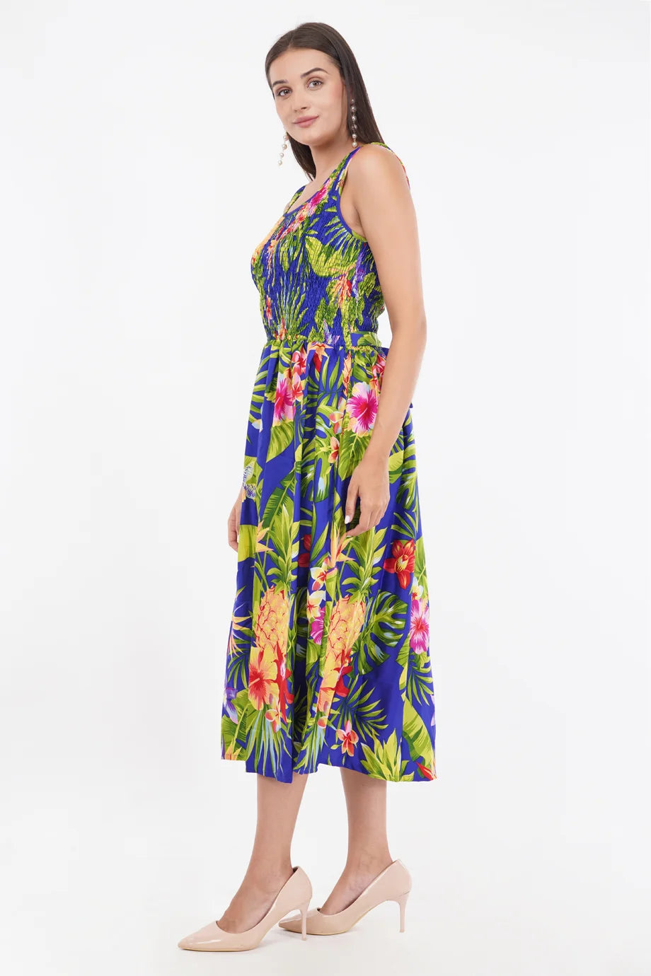 Tropical Blue Long Smock Dress with Belt 