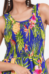 Tropical Blue Long Smock Dress with Belt 