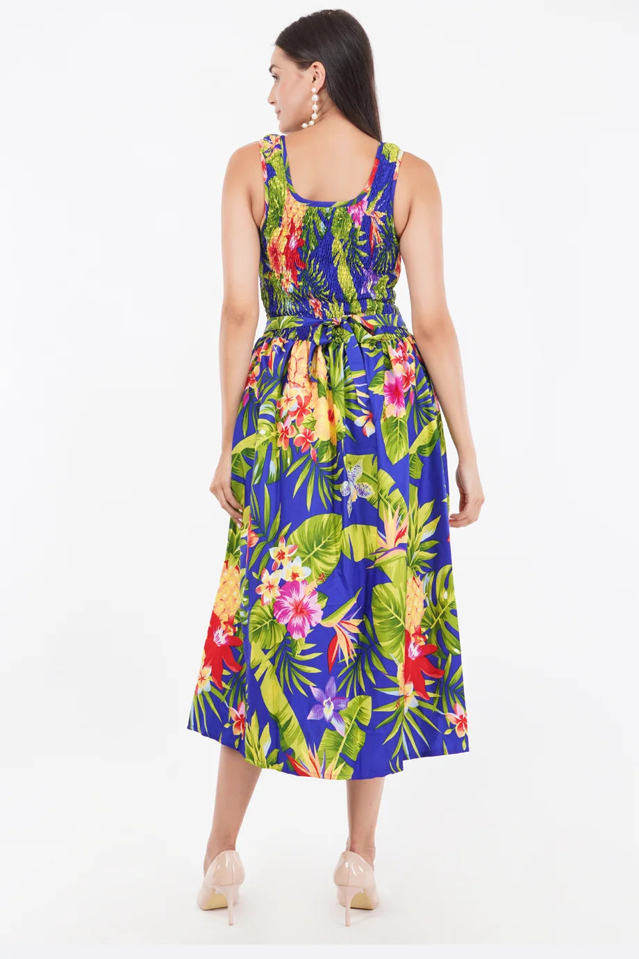 Tropical Blue Long Smock Dress with Belt 