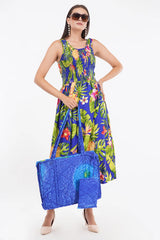 Tropical Blue Long Smock Dress with Belt 