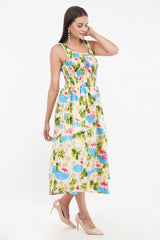 Tropical Flamingo Long Smocked Dress with Belt