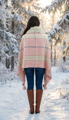 Rose Pink Contrast Check Cape with Faux Fur