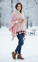Rose Pink Contrast Check Cape with Faux Fur