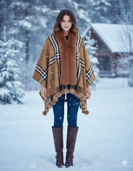 Bronze Contrast Check Cape with Faux Fur
