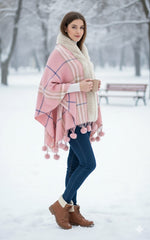 Rose Pink Contrast Check Cape with Faux Fur